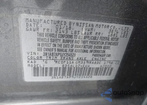 2018 Nissan Sentra S/Sv/Sr/Sl из США, поврежденный, VIN 3N1AB7AP9JY254528